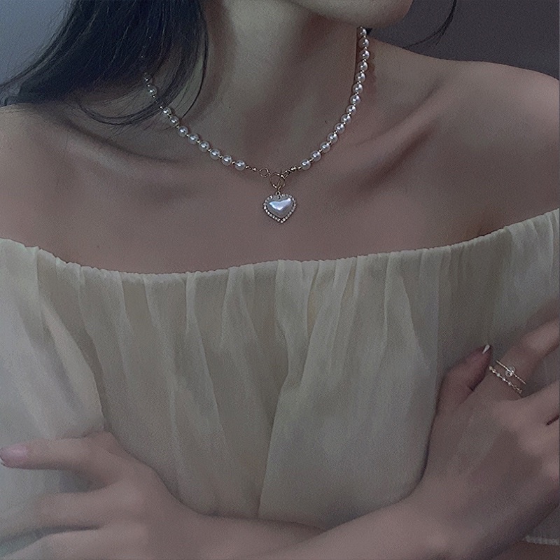 Dây chuyền ngọc trai nhân tạo hình trái tim phong cách cá tính cho nữ, vòng cổ ngọc trai