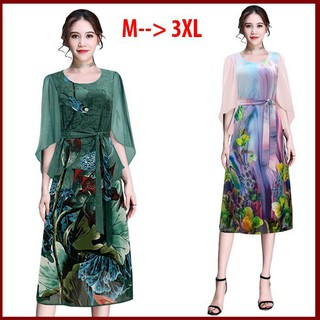 Đầm suông voan hoa trung niên siêu sang - Mua đầm voan xanh quý bà đẹp