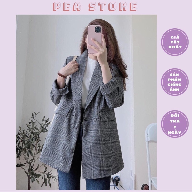 Áo blazer kẻ xẻ tay 2 lớp túi nắp - Áo vest nữ kẻ dáng rộng Hàn Quốc (Ảnh thật/Sẵn)