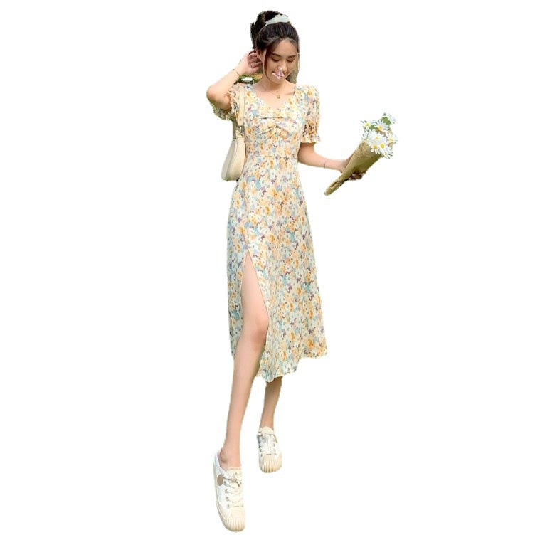 Đầm Chữ a Cổ Chữ v Tay Phồng Xẻ Tà In Họa Tiết Hoa Phong Cách Pháp Thời Trang Mùa Hè Hàng Mới 2022 Dành Cho Bạn Nữ