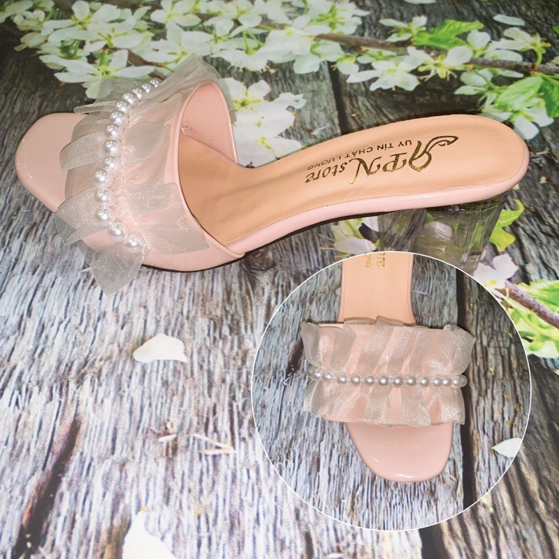 Guốc cao gót vuông trong 5p quai dún bánh bèo dây hạt châu phối ren
