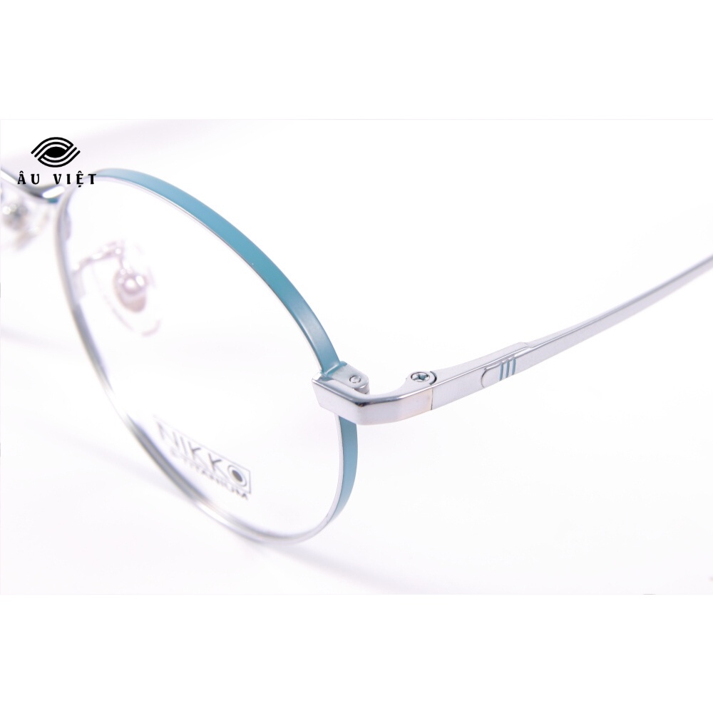 Gọng kính kim loại titanium Nikko 8311 nam nữ unisex dáng tròn màu xám xanh Full box