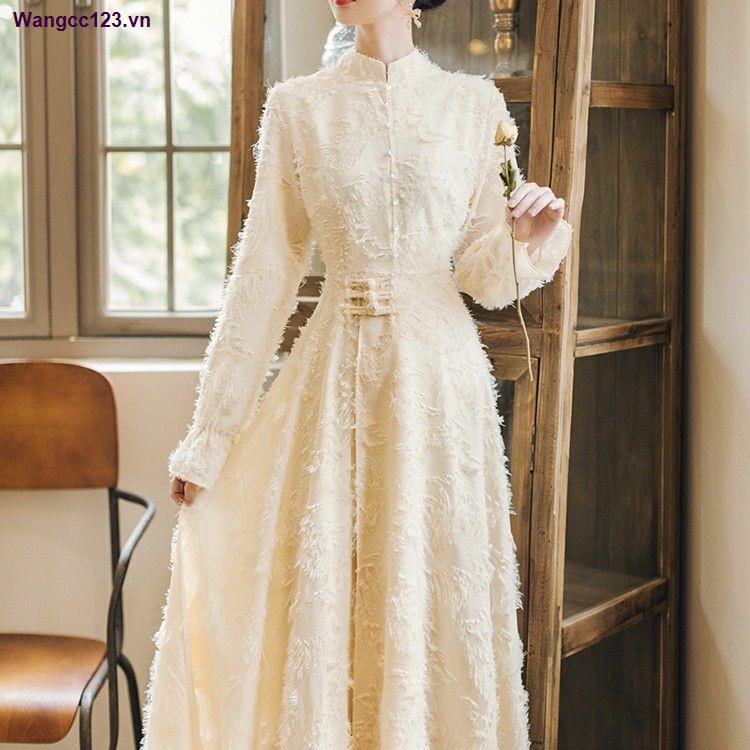 Đầm sườn xám cách tân tay dài lót nhung dày dặn thời trang thu đông cho nữ