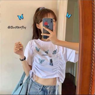 Áo croptop dây rút hai bên in hoạ tiết