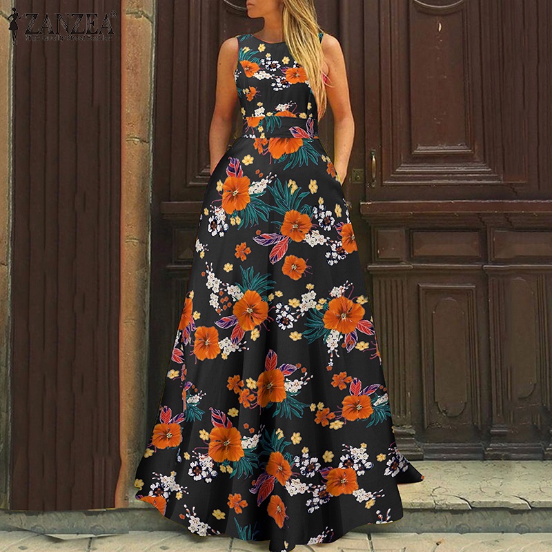 ZANZEA Đầm Dài Dáng Chữ A In Họa Tiết Hoa Kèm Túi Và Thắt Lưng Phong Cách Châu Âu Thời Trang Cho Nữ