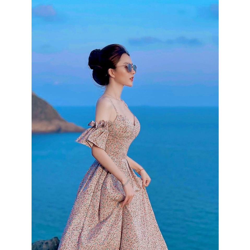 Đầm đi du lịch midi dáng dài bẹt vai hoa nhí hai dây dễ thương hai màu