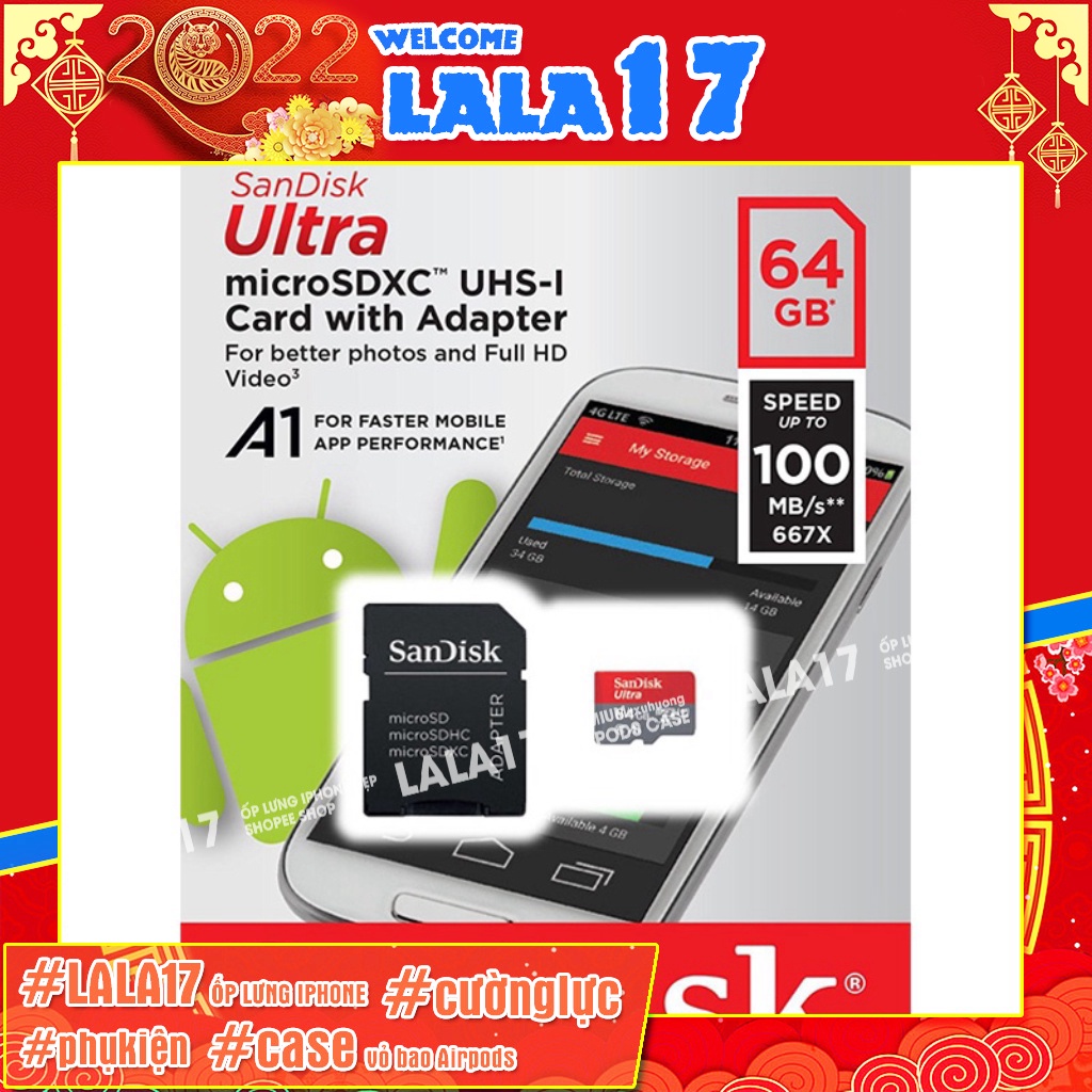 Thẻ nhớ sandisk 64Gb full box micro sd class 10 100mb/s bảo hành 1 năm cho điện thoại, laptop, máy ảnh [Sandisk64gb-CH]