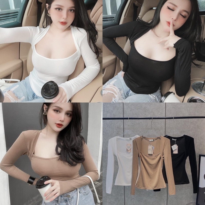 Áo thun gân cổ yếm vuông tôn dáng