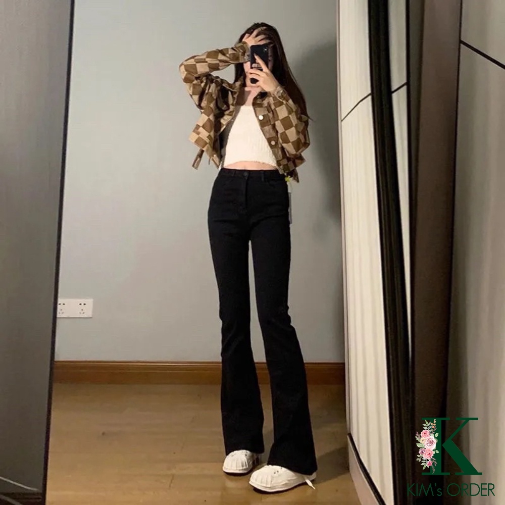 Quần Jeans Nữ Màu Nâu Đen Ống Loe Lưng Cao Cạp 1 Cúc Chất Jean Kaki Loại 1 Lên Phom Style Hàn Quốc, Tặng Dây Tóc