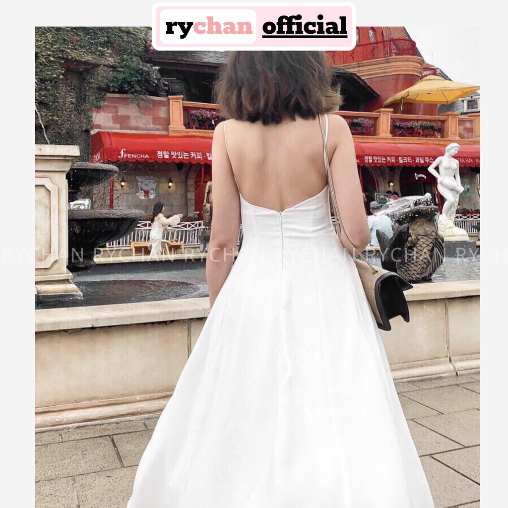 DM559 - Đầm Maxi Trắng Hai Dây Hở Lưng Đi Du Lịch Biển