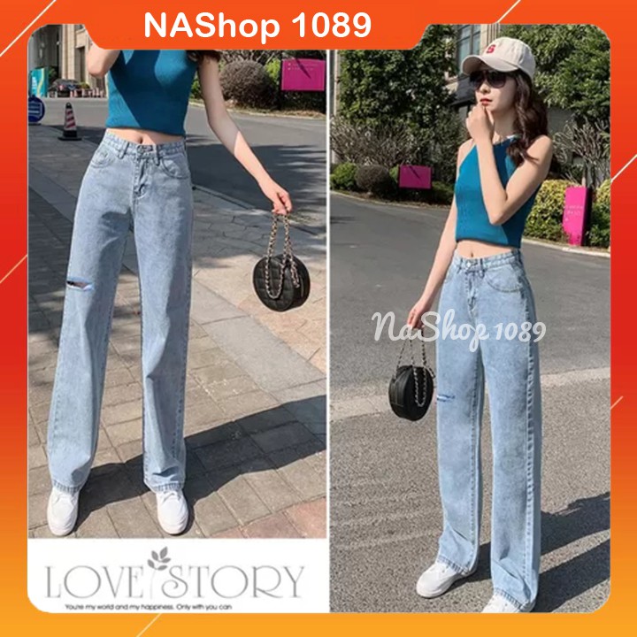Quần jean bò ống xuông rộng kiểu dáng vintage màu xanh nhạt QT25 nashop1089