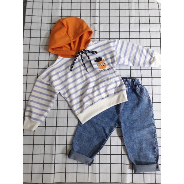 Bộ thu đông trẻ em áo hoodie kẻ có mũ quần bò quảng châu cho bé trai bé gái YUME KIDS_ Thời trang trẻ em