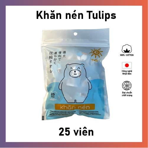 Túi 25 viên khăn nén Tulips 100% cotton sản xuất theo công nghệ Nhật