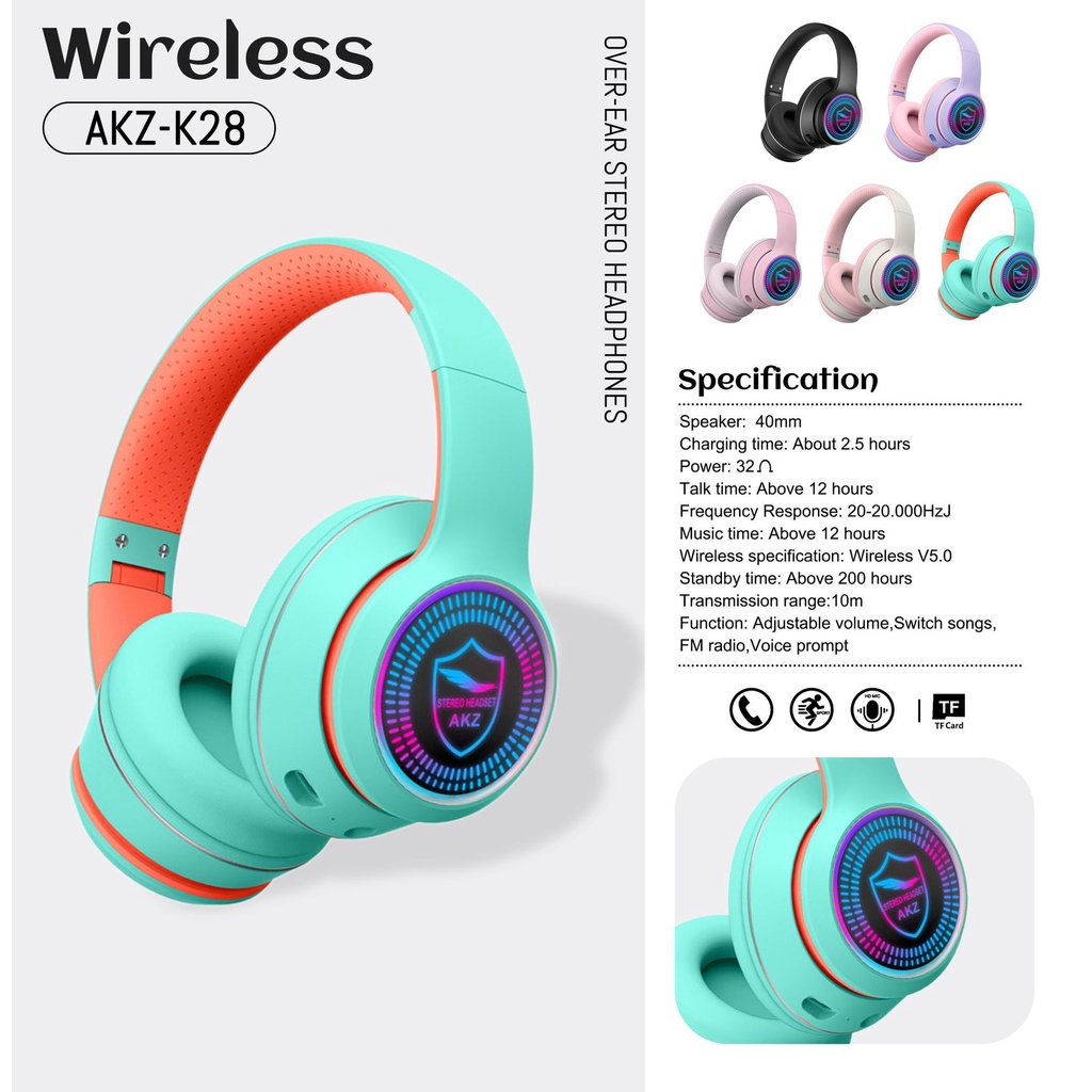 Tai Nghe/Headphone Bluetooth 5.0 K28 Tích Hợp Đèn LED Phát Sáng Chất Lượng Âm Thanh Nổi Kiểu Dáng Sành Điệu