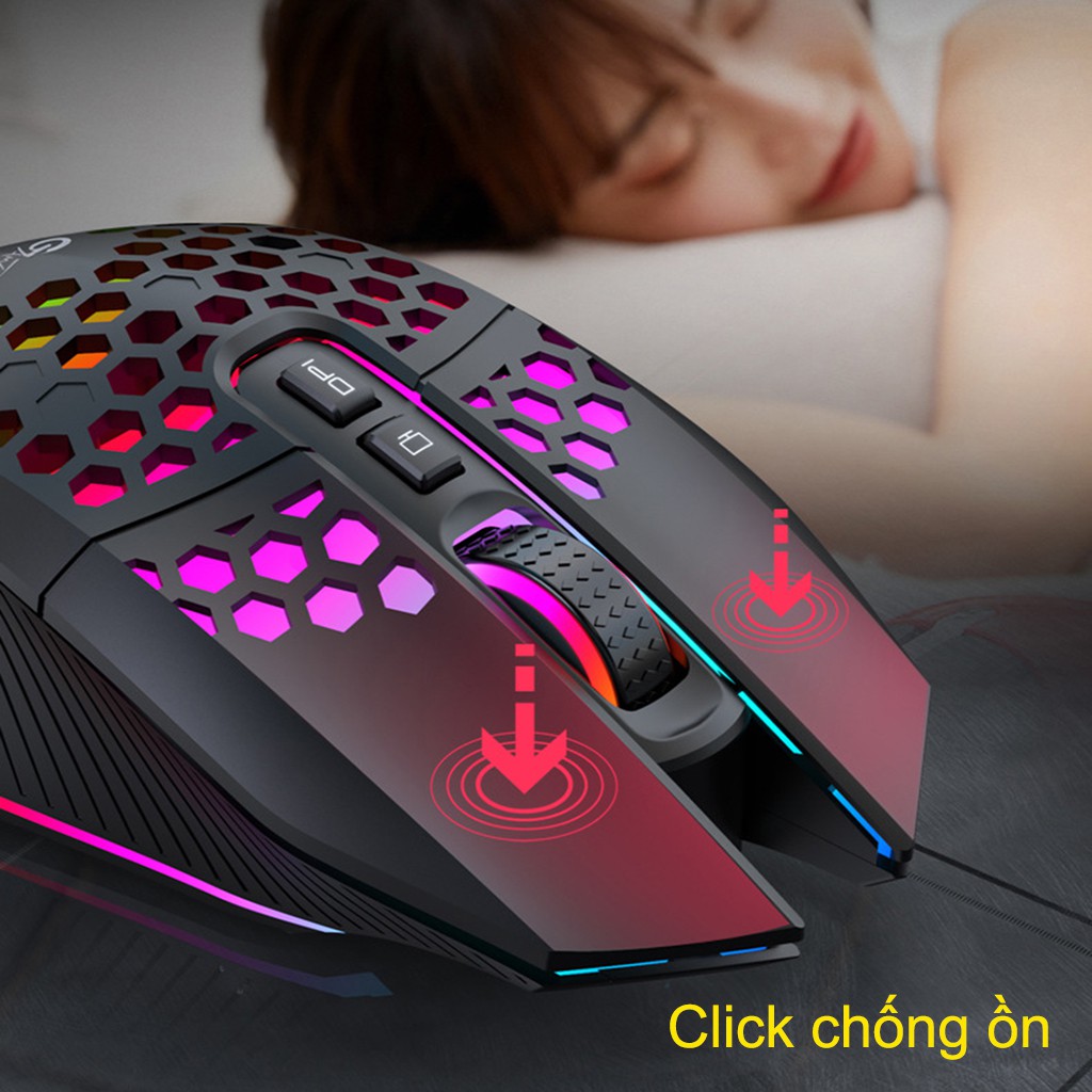 Chuột chơi game không dây HXSJ X801 thiết kế độc lạ Led RGB đổi màu click chống ồn DPI 1600 - Hàng chính hãng