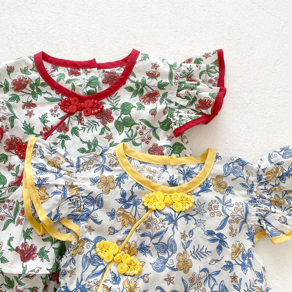 Bộ Áo Liền Quần Kiểu Sườn Xám Tay Cánh Tiên Phong Cách Trung Hoa Xinh Xắn Cho Bé Gái