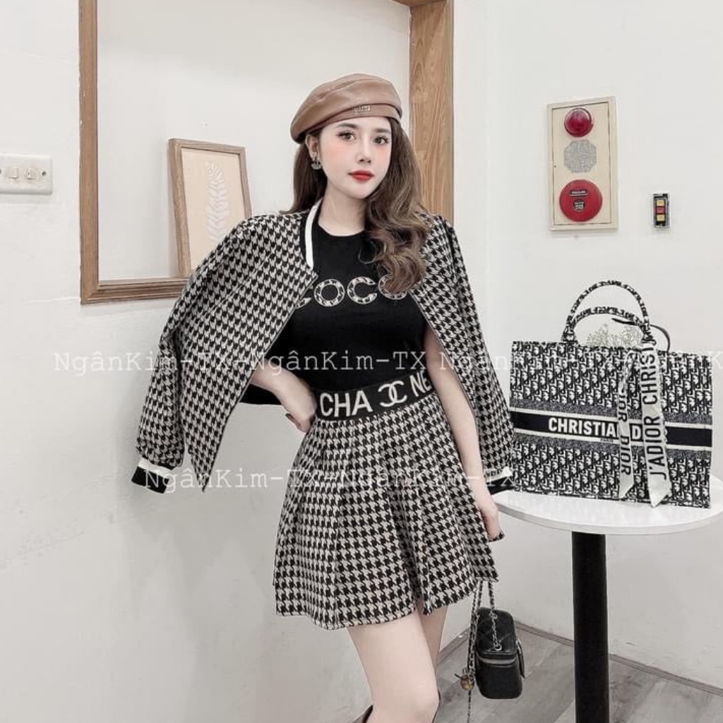 set chân váy xếp ly 2 lớp vải dạ, áo khoác dạ, áo thun 3 món siêu sinh.