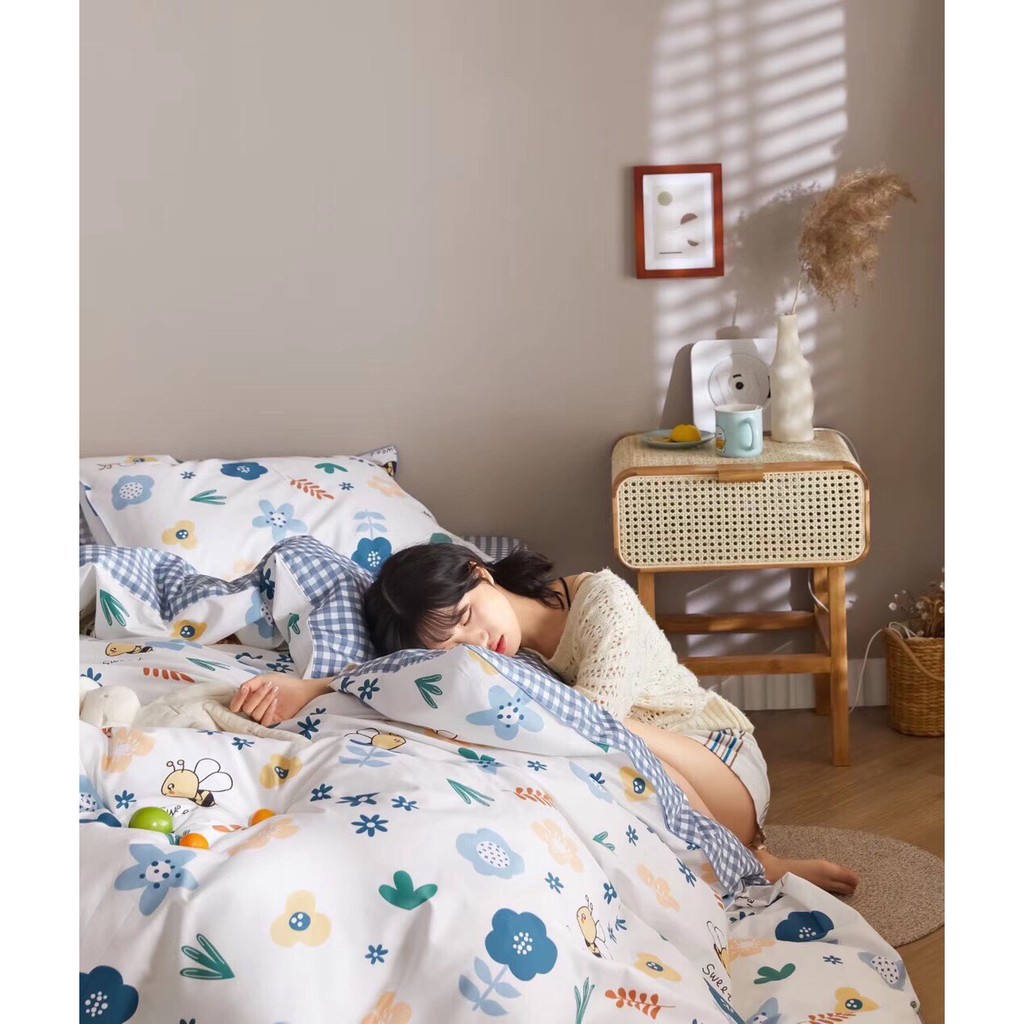 Bộ chăn ga gối Cotton poly M2T bedding Hoa ong xanh, vỏ chăn mền, drap giường và 2 vỏ gối