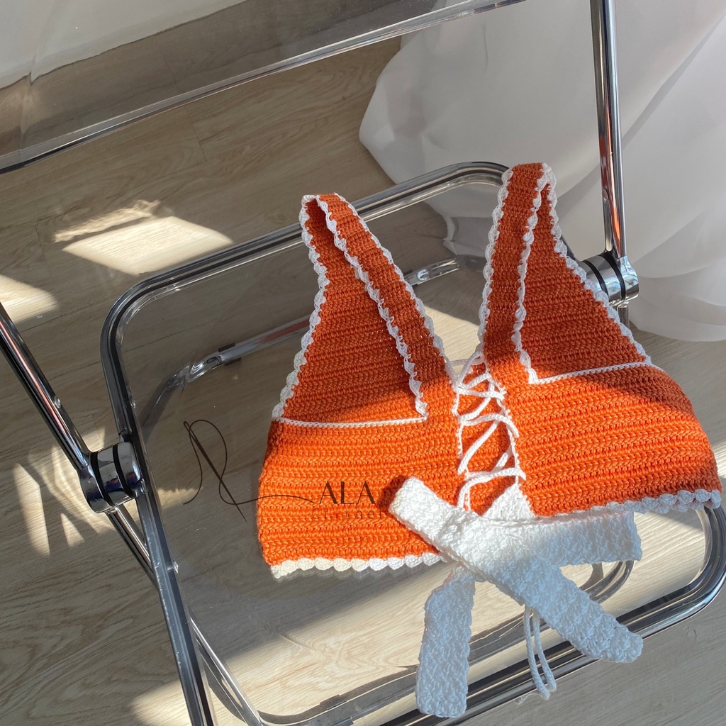 Áo Len Crochet Croptop 2 Dây Bản To Đan/Móc Handmade Hở Lưng Cột Dây La Boutique