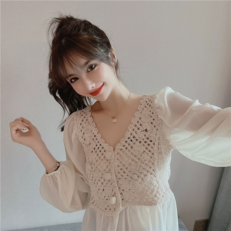 Áo Peplum Dệt Kim Tay Dài Phồng Cổ Chữ V Phối Bèo Thời Trang Cho Nữ
