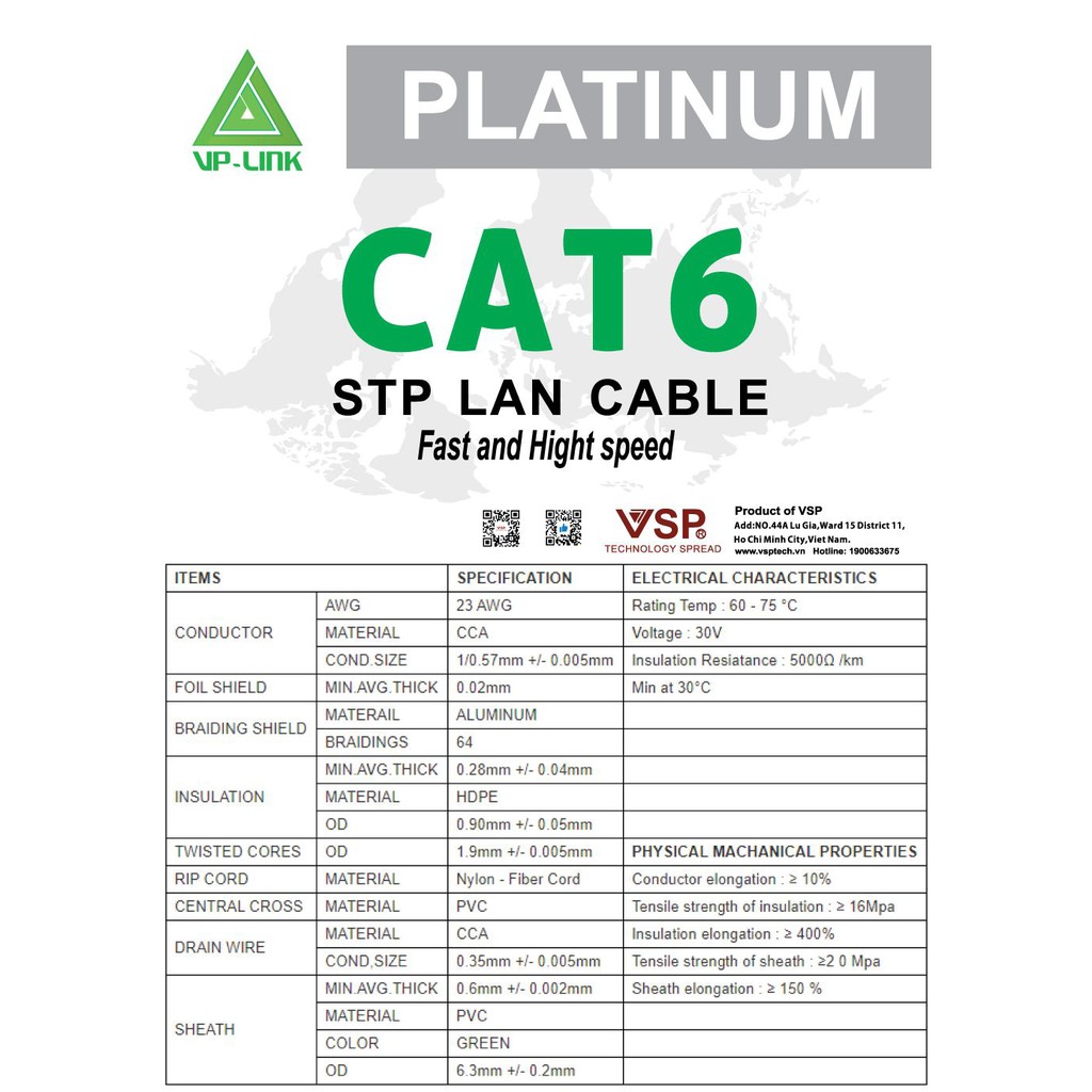 Cáp mạng VP-LINK STP CAT 6E 305M Platium Xanh Dương ( VSP-0580F) - dây mạng, dây lan chính hãng