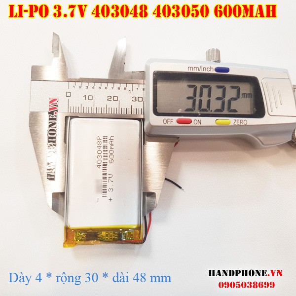 Pin Li-Po 3.7V 403048 403050 600mAh (Lithium Polymer) siêu mỏng cho điện thoại, định vị GPS, Loa Bluetooth, Camera, Mp3