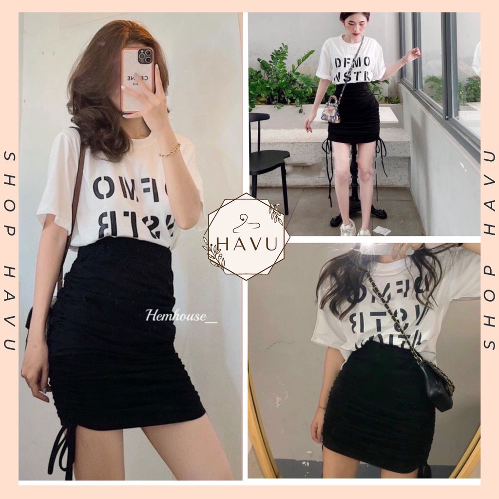 Set áo thun DEMO phối chân váy nhúm rút hông - Váy thun trơn co dãn body dáng ôm kèm áo phông cộc tay nữ tính ulzzang