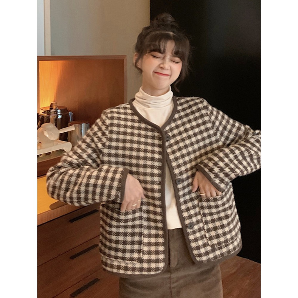 (ORDER) Áo khoác dạ nữ dáng ngắn cổ tròn kẻ sọc caro phong cách cổ điển điệu đà style Hong Kong