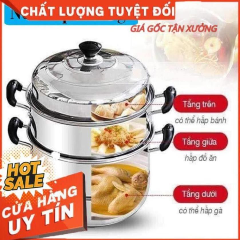 Nồi hấp xửng hấp 3 tầng hấp gà xôi bánh bao chất liệu inox cao cấp size 28cm dùng được bếp từ