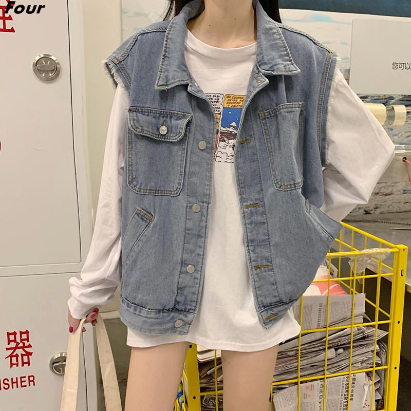 Spring and summer lapel waistcoat loose denim vest female student casual jacket outside trendy fashion