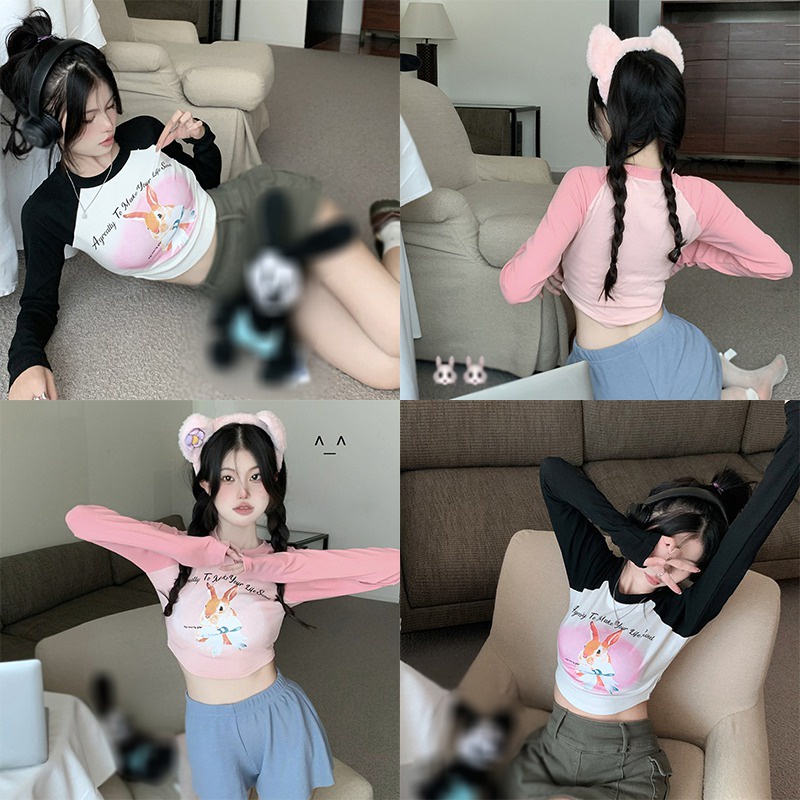 Áo Croptop Tay Dài Cổ Tròn Màu Sắc Ngọt Ngào Phong Cách Hàn Quốc Cho Nữ