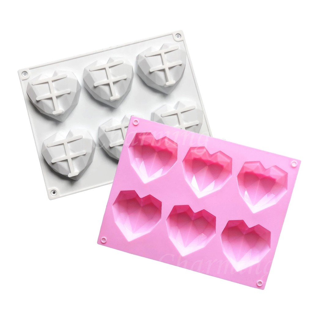 Khuôn Silicone 6 Ngăn Tạo Hình Trái Tim 3D Trang Trí Bánh