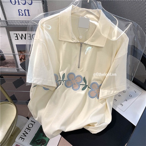Áo Thun Tay Ngắn Có Khóa Kéo Dáng Rộng Thêu Họa Tiết Phong Cách Cổ Điển Thời Trang Cho Nữ