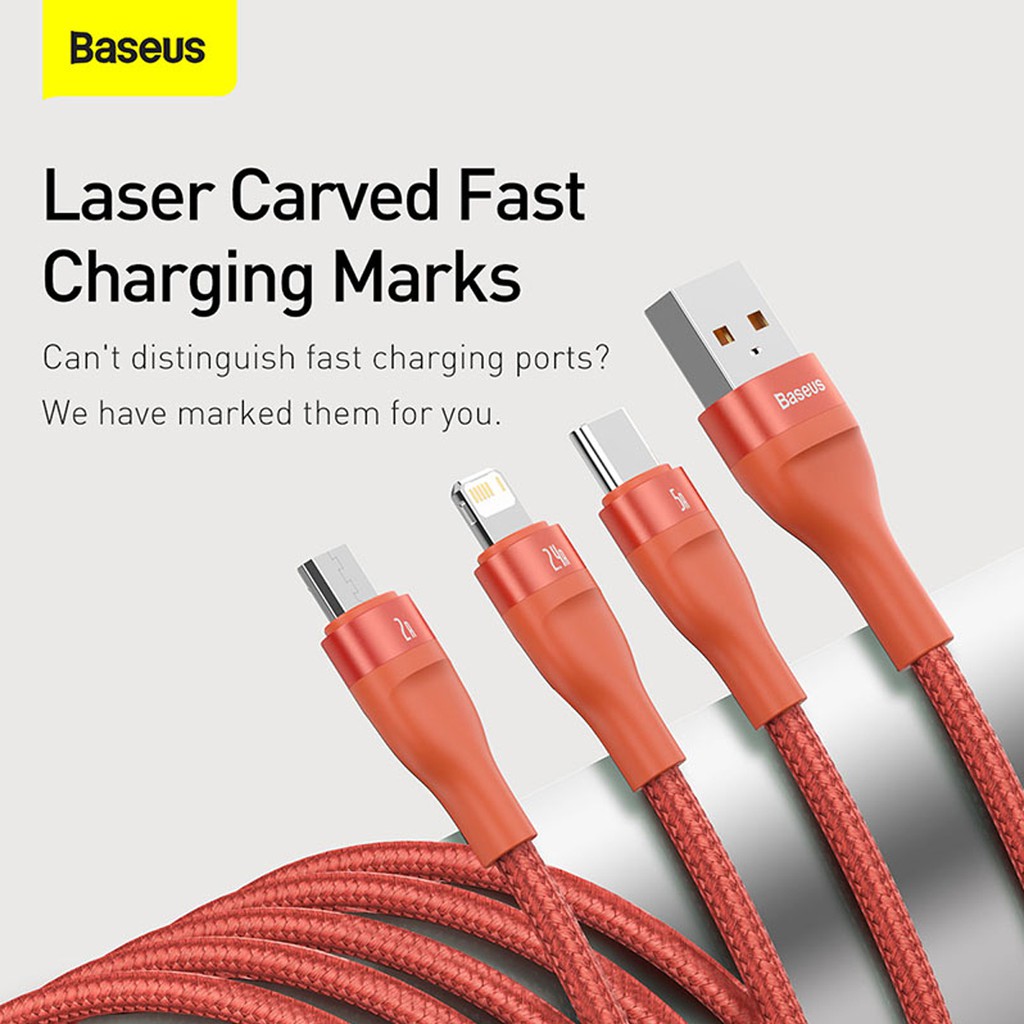 Cáp sạc Baseus 3 in 1 ( Lightning/Micro/Type-c ) sạc nhanh 5A, công suất 66W, hỗ trợ truyền dữ liệu 480Mbps, dài 120cm