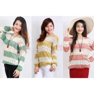 ÁO LEN DÀI TAY SỌC NGANG PHỐI 2 MÀU TRẺ TRUNG FREE SIZE CHO MÙA THU