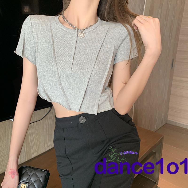 Áo croptop cổ tròn màu trơn thiết kế bất đối xứng phong cách gợi cảm cho nữ DAS