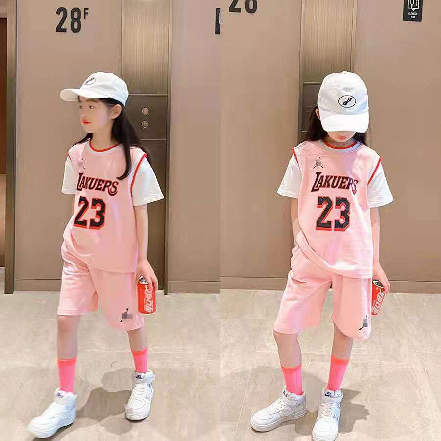 Quần Áo Bóng Rổ Đồ Bóng Rổ Cô gái bóng rổ đồng phục thể thao phù hợp với tay ngắn giả hai mảnh 2021 mới lớn trẻ em hai mảnh thời trang nước ngoài