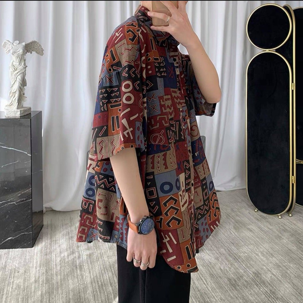 Áo Sơ Mi Nam Cộc Tay Họa Tiết Thổ Cẩm Chất Lụa Cao Cấp,Sơ Mi Dáng Rộng Phong Cách | BigBuy360 - bigbuy360.vn