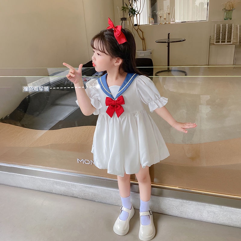 Đầm Công Chúa Cổ Thủy Thủ Thắt Nơ Thời Trang Xuân Thu Cho Bé Gái