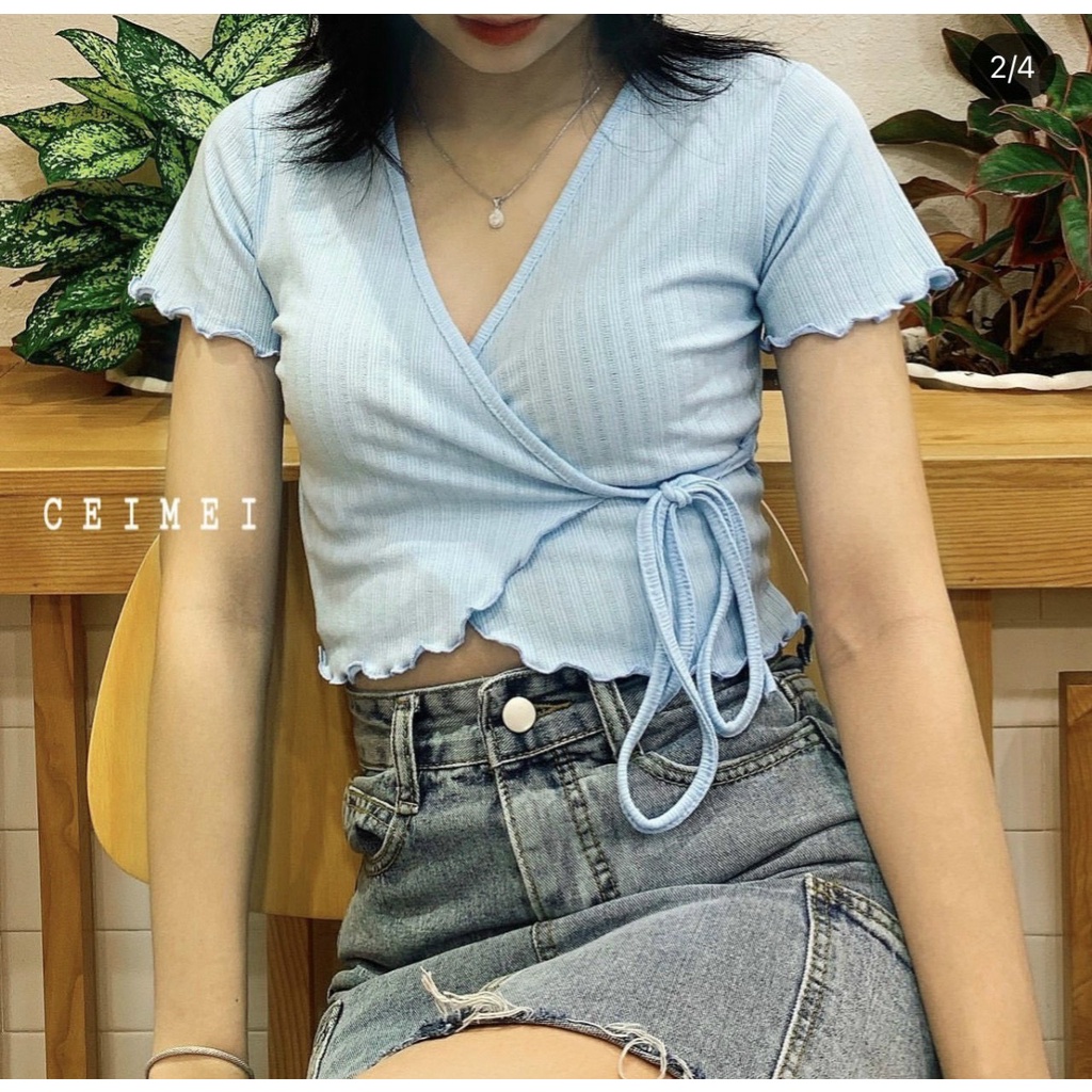Áo kiểu croptop đắp chéo cột dây cực xinh , chất thun gân mềm mịn ( ảnh thật )
