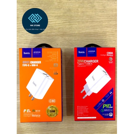Củ sạc nhanh Hoco C80 20w (QC 3.0, PD) 2 cổng sạc cho typeC và USB (chính hãng,BH 6T)