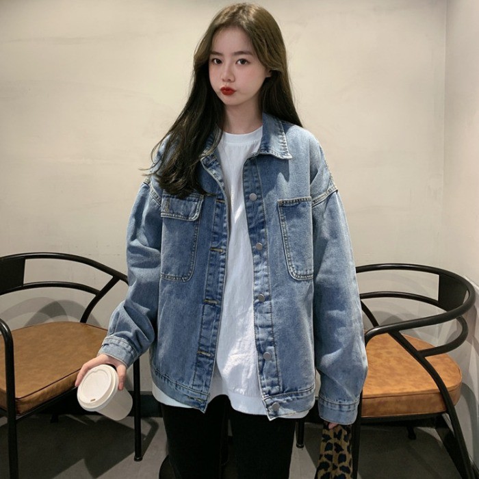 Denim jacket female bf Korean retro tooling loose student long-sleeved outer jacket jacket