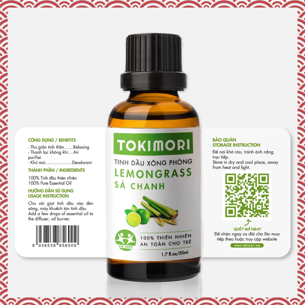 Tinh Dầu Sả Chanh TOKIMORI Xuất Khẩu Nhật Bản (50ml) Nguyên Chất Thiên Nhiên, An Toàn Cho Trẻ, Xông Phòng, Khử Mùi