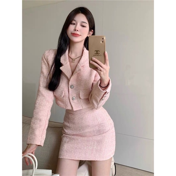 Set dạ hồng baby áo vest croptop dài tay+ chân váy ôm phong cách ulzzang Hàn Quốc SAM SAM BOUTIQUE