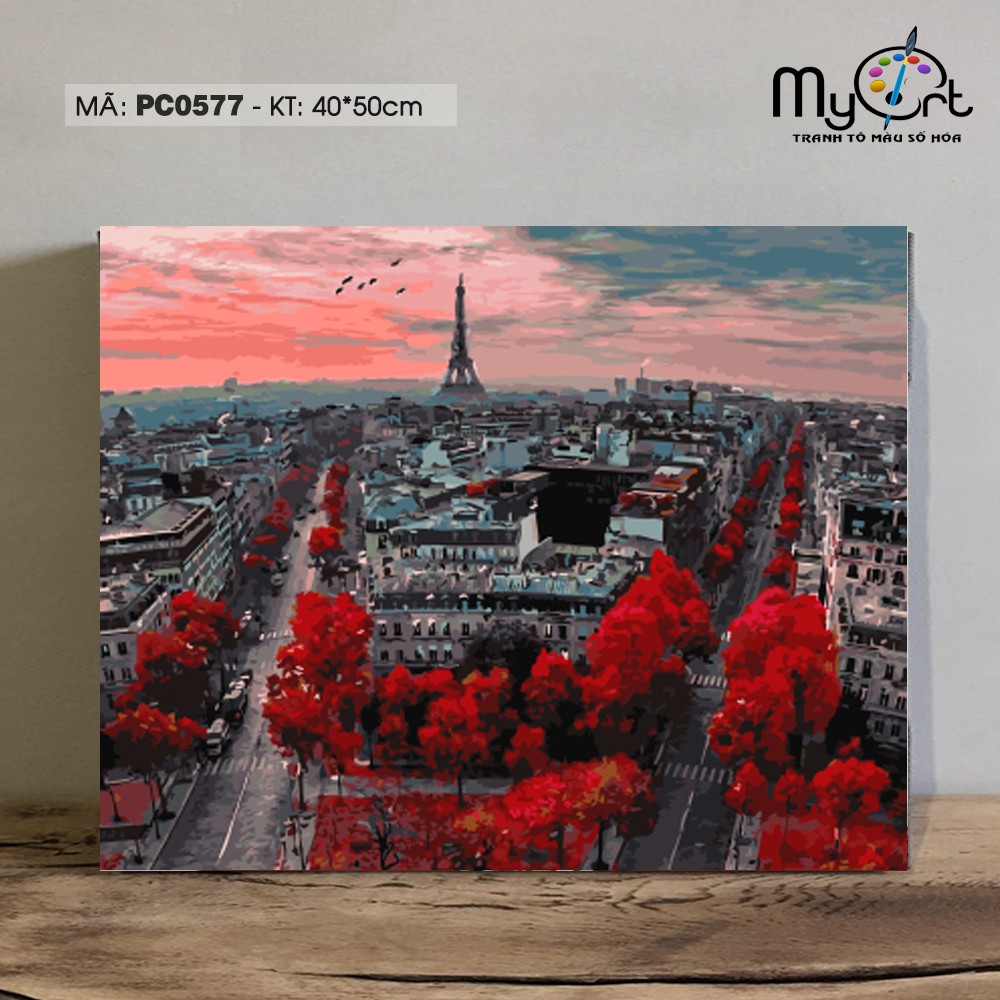 Tranh sơn dầu số hoá tự tô màu phong cảnh đường phố Châu Âu Tháp Eiffel Paint by numbers PC0577