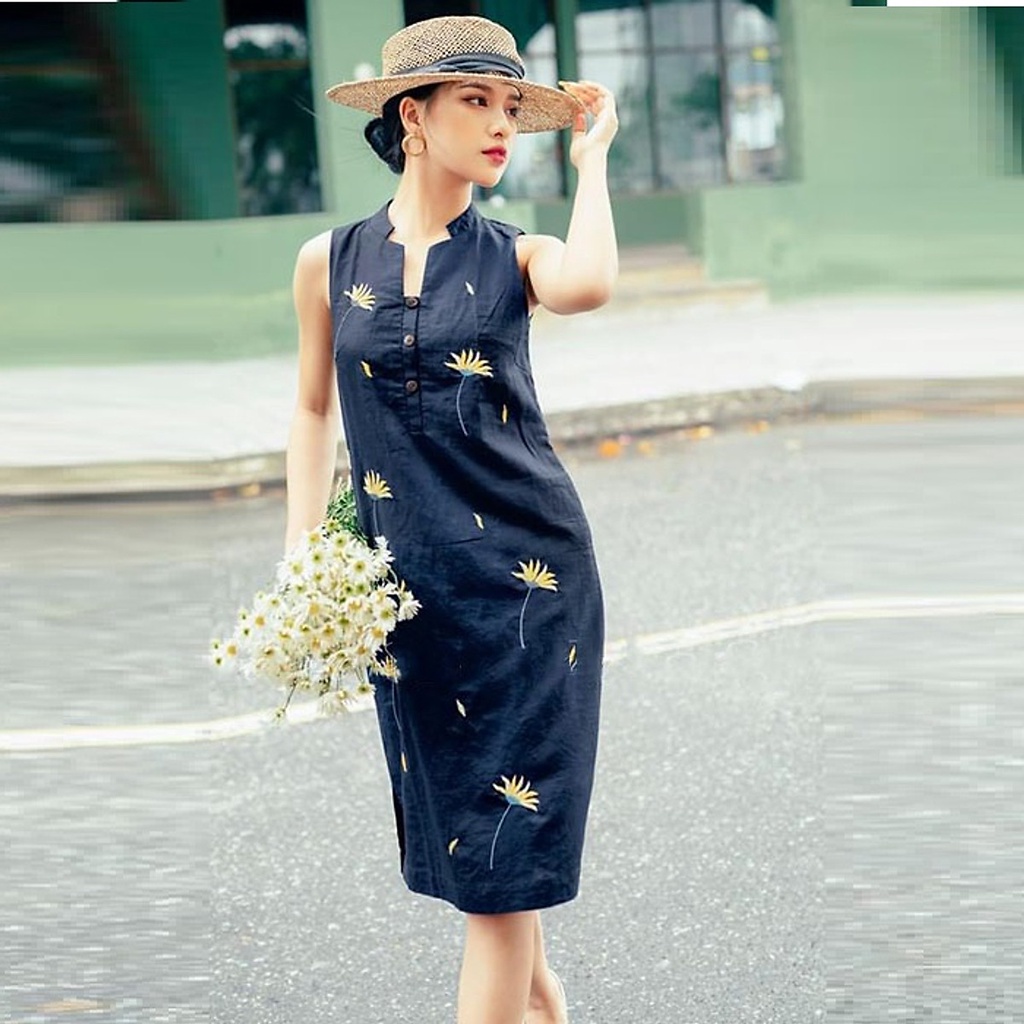(TỔNG KHO LÂM ANH CHUYÊN SỈ) Đầm suông linen tưng premium cổ tầu sát nách thêu hoa sang trọng
