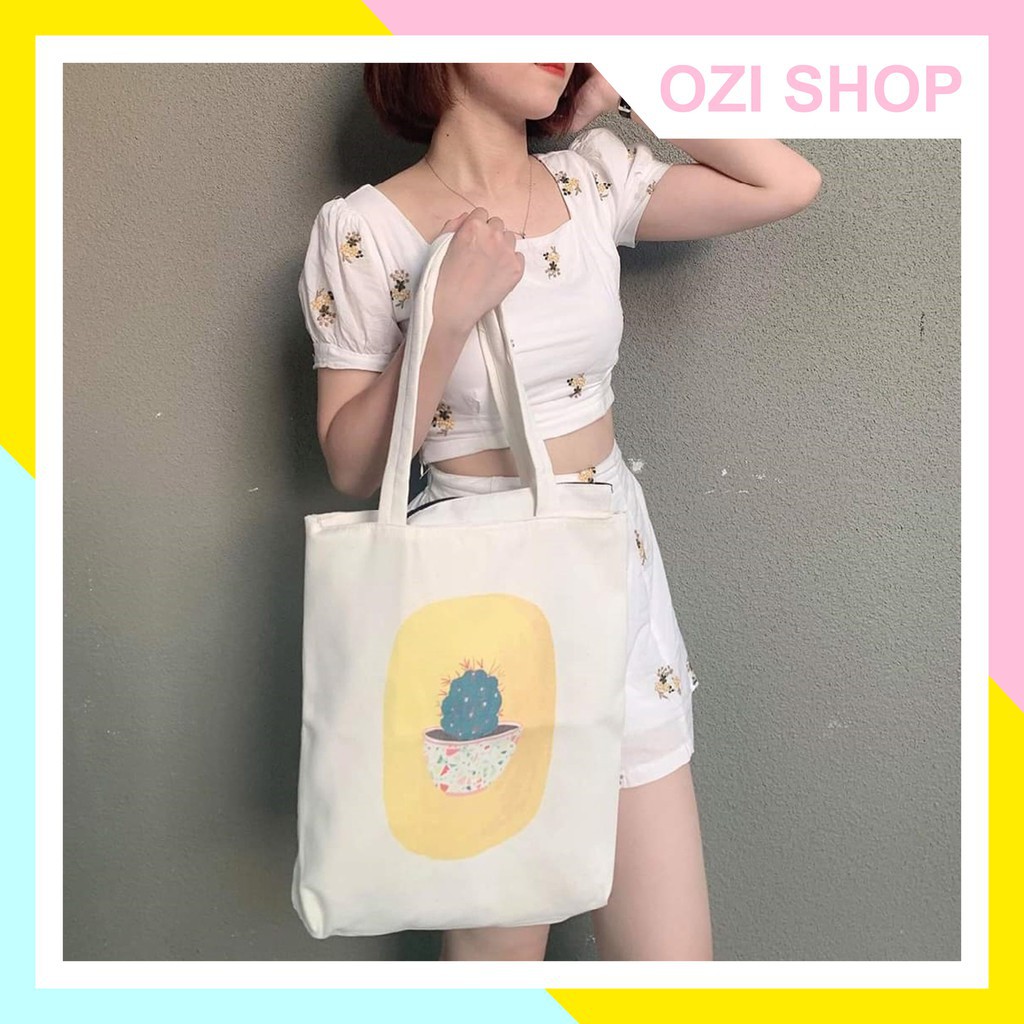 Túi tote vải canvas phong cách Hàn Quốc hình sương rồng siêu xinh