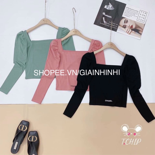 Áo phông thêu chữ CN, Áo thun cổ vuông bồng vai tay dài CS1167 - NhiNhiShop | BigBuy360 - bigbuy360.vn