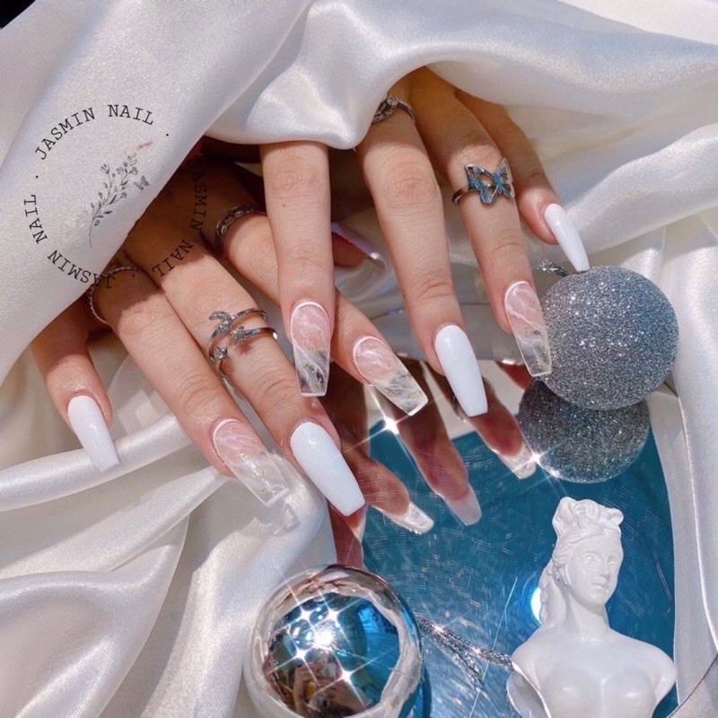 [Mã NHUQAD giảm 10% đơn 100k] Nail box móng úp thiết kế sẵn trắng loang vân đá
