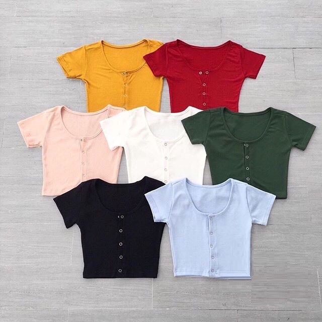 ÁO THUN CROPTOP ÔM BODY TRƠN BASIC NGẮN - ÁO KIỂU CRT ULZANG NÚT BẤM THÁO RỜI CỔ RỘNG 80